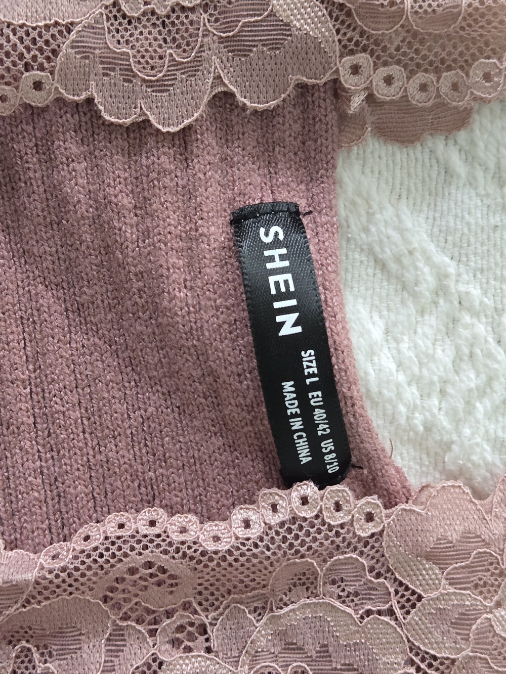 SHEIN Rose Blush Ribbed Lace-Trim Sweater Top